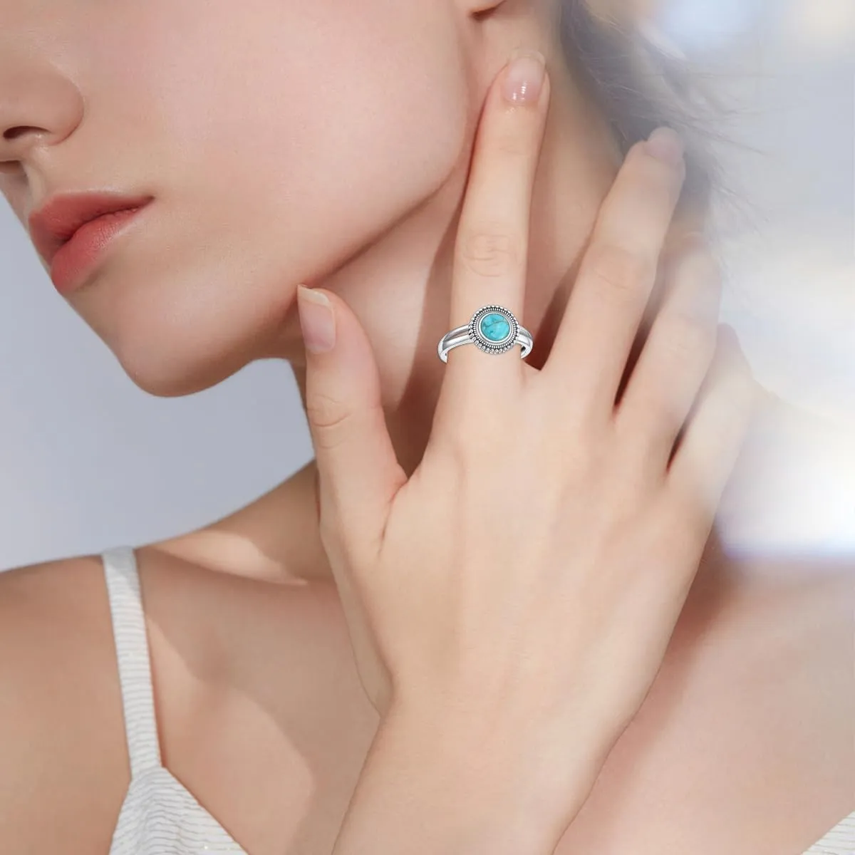 Genuine Turquoise Ring for Women 925 Sterling Silver Round Turquoise Navajo Ring Bohemian Boho Jewelry Birthday Christmas Gift for Her Wife Mom