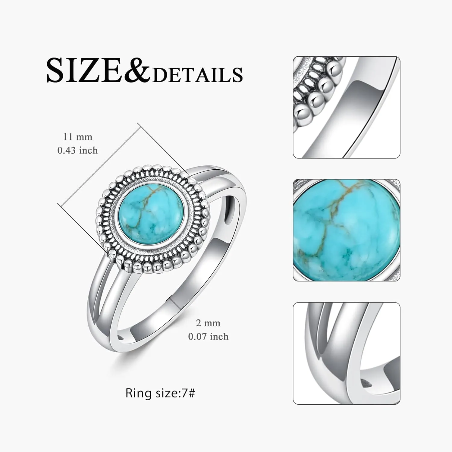 Genuine Turquoise Ring for Women 925 Sterling Silver Round Turquoise Navajo Ring Bohemian Boho Jewelry Birthday Christmas Gift for Her Wife Mom