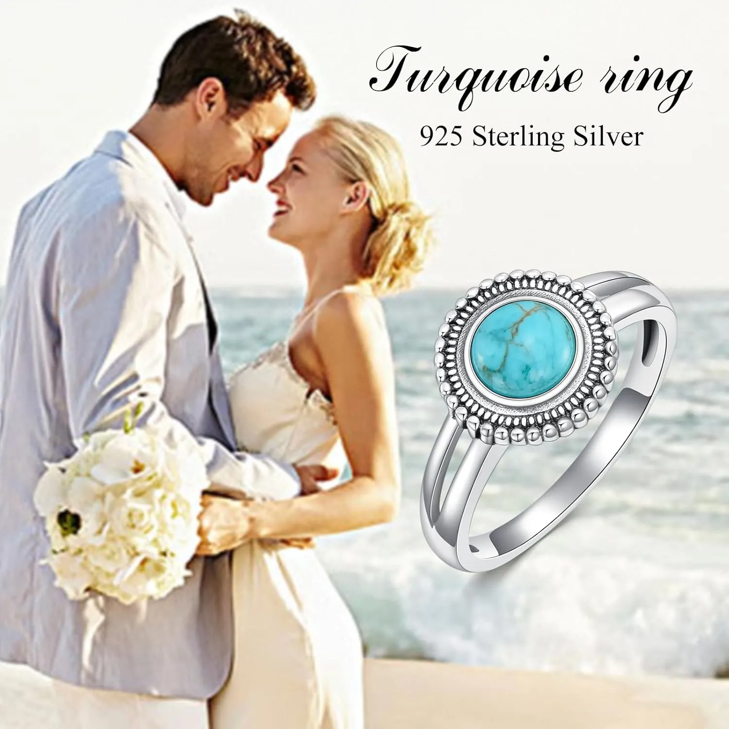 Genuine Turquoise Ring for Women 925 Sterling Silver Round Turquoise Navajo Ring Bohemian Boho Jewelry Birthday Christmas Gift for Her Wife Mom