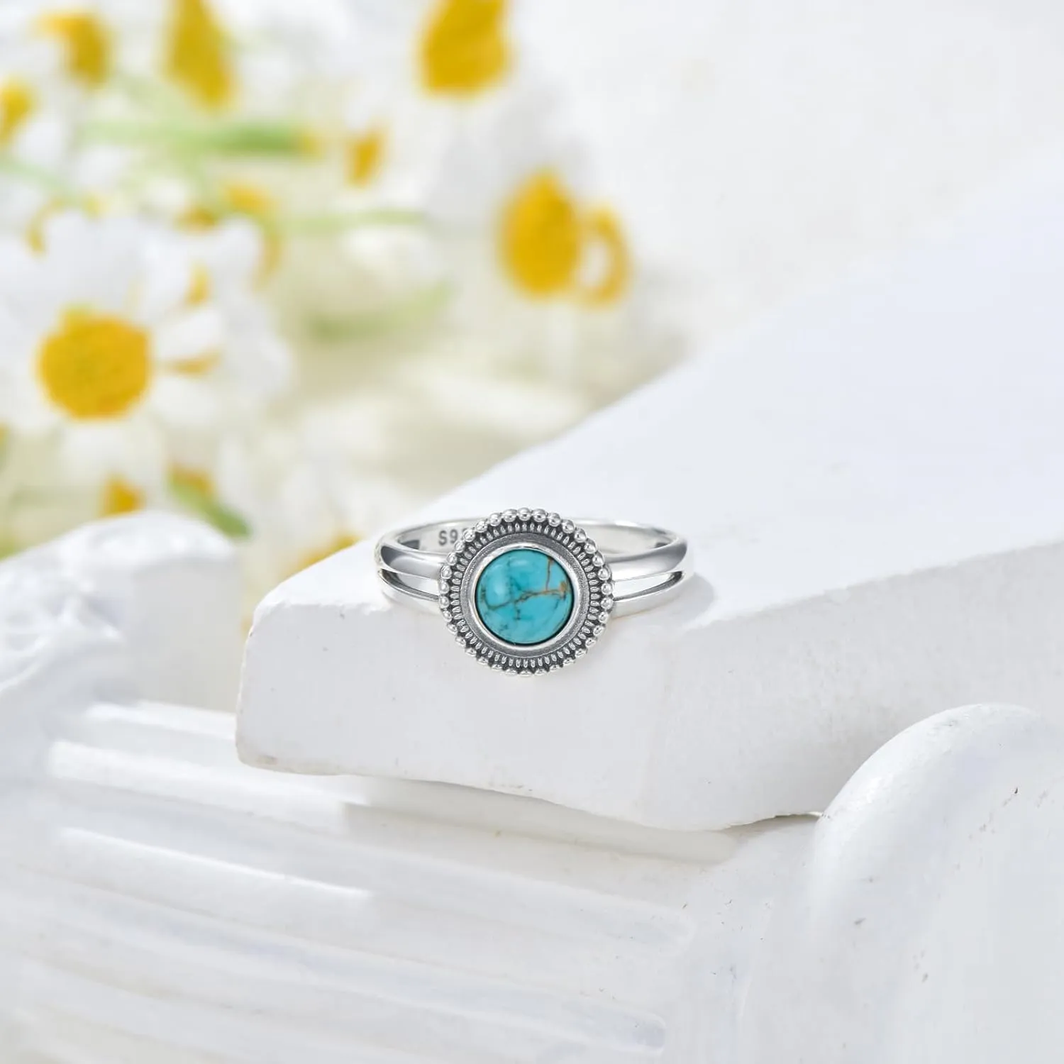 Genuine Turquoise Ring for Women 925 Sterling Silver Round Turquoise Navajo Ring Bohemian Boho Jewelry Birthday Christmas Gift for Her Wife Mom