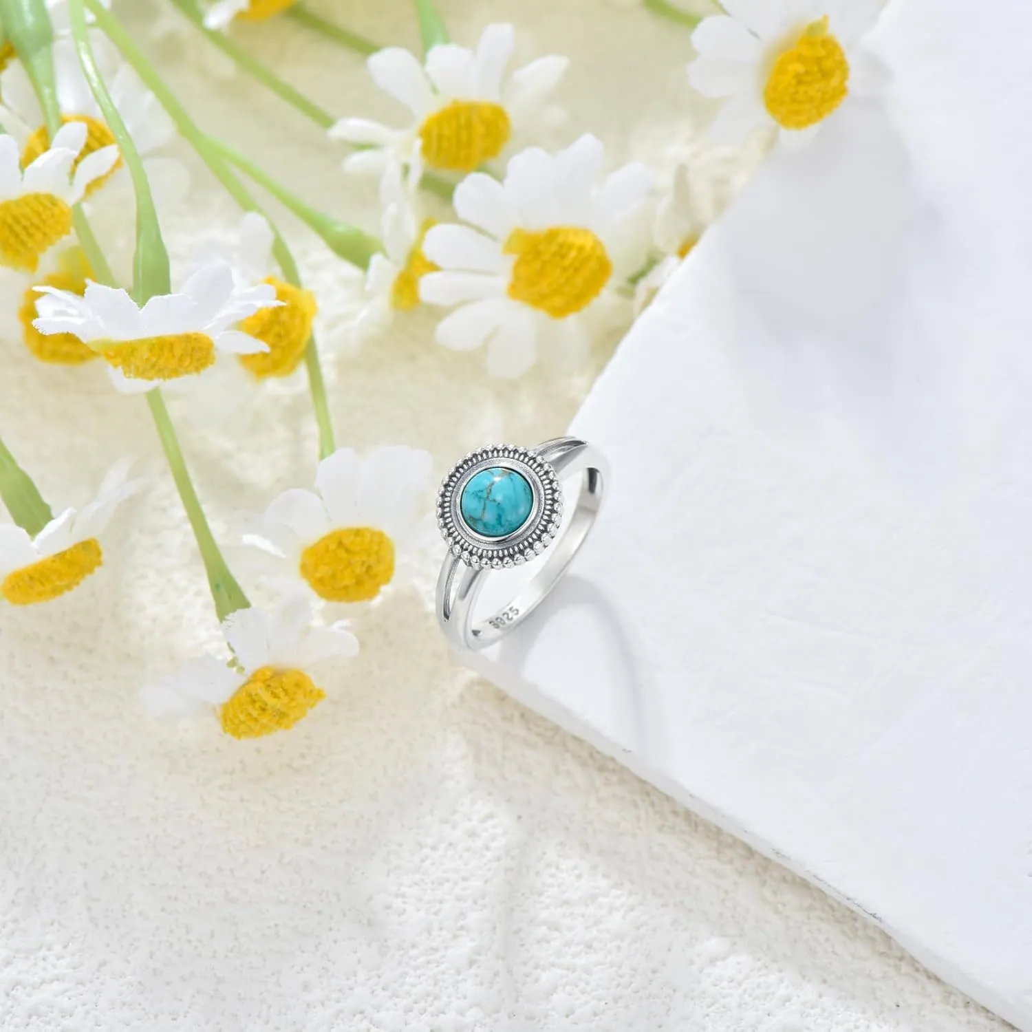Genuine Turquoise Ring for Women 925 Sterling Silver Round Turquoise Navajo Ring Bohemian Boho Jewelry Birthday Christmas Gift for Her Wife Mom