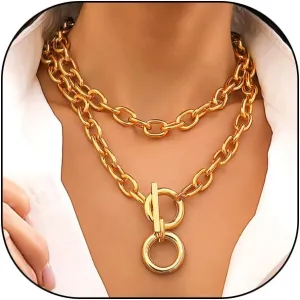 GIGB PBDK Layered Chunky Chain Pendant Necklace for Women,14K Gold Ot Buckle Choker O Ring Collarbone Necklace Party Prom Thick Necklace Accessories Gifts