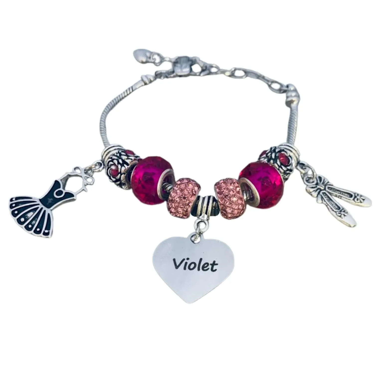 Girls Personalized Silver Plated Adjustable Dance Bracelet with Name Engraved Charm | Pink Pandora Jewelry for Dancers and Dance Teams