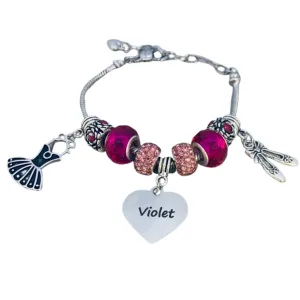 Girls Personalized Silver Plated Adjustable Dance Bracelet with Name Engraved Charm | Pink Pandora Jewelry for Dancers and Dance Teams