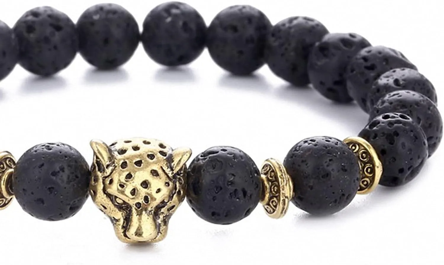 Giwotu Unisex 8 mm Volcanic Lava Rock Gold Plated Panther Leopard Head Bead Buddha Bracelet Natural Stone Essential Oil Diffuser Chakra Yoga Stretchable Bracelet