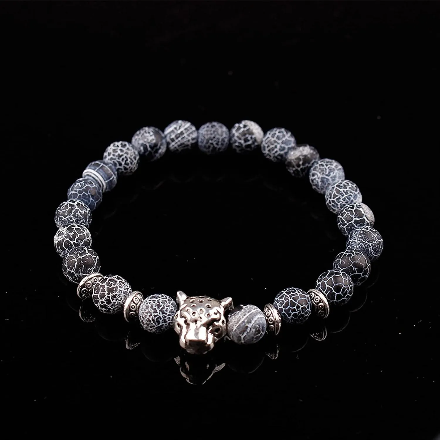 Giwotu Unisex 8 mm Volcanic Lava Rock Gold Plated Panther Leopard Head Bead Buddha Bracelet Natural Stone Essential Oil Diffuser Chakra Yoga Stretchable Bracelet