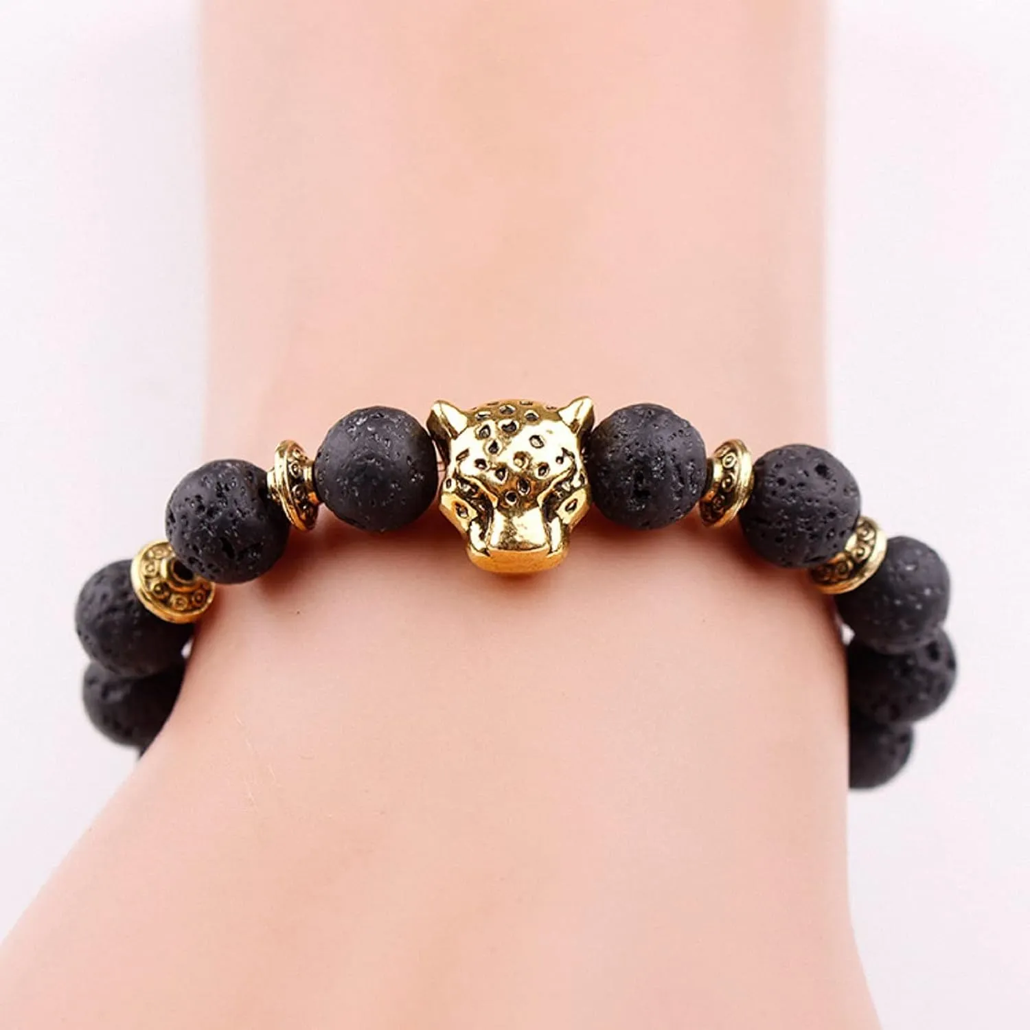 Giwotu Unisex 8 mm Volcanic Lava Rock Gold Plated Panther Leopard Head Bead Buddha Bracelet Natural Stone Essential Oil Diffuser Chakra Yoga Stretchable Bracelet