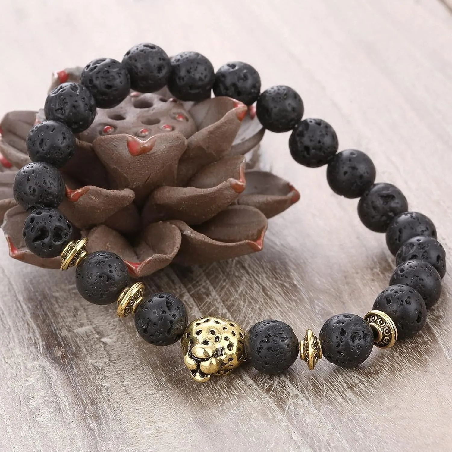 Giwotu Unisex 8 mm Volcanic Lava Rock Gold Plated Panther Leopard Head Bead Buddha Bracelet Natural Stone Essential Oil Diffuser Chakra Yoga Stretchable Bracelet