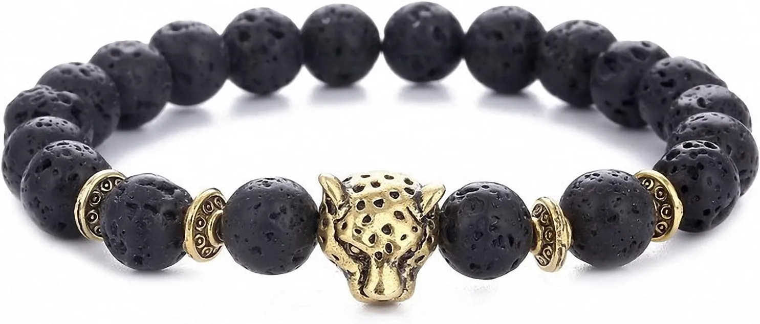 Giwotu Unisex 8 mm Volcanic Lava Rock Gold Plated Panther Leopard Head Bead Buddha Bracelet Natural Stone Essential Oil Diffuser Chakra Yoga Stretchable Bracelet