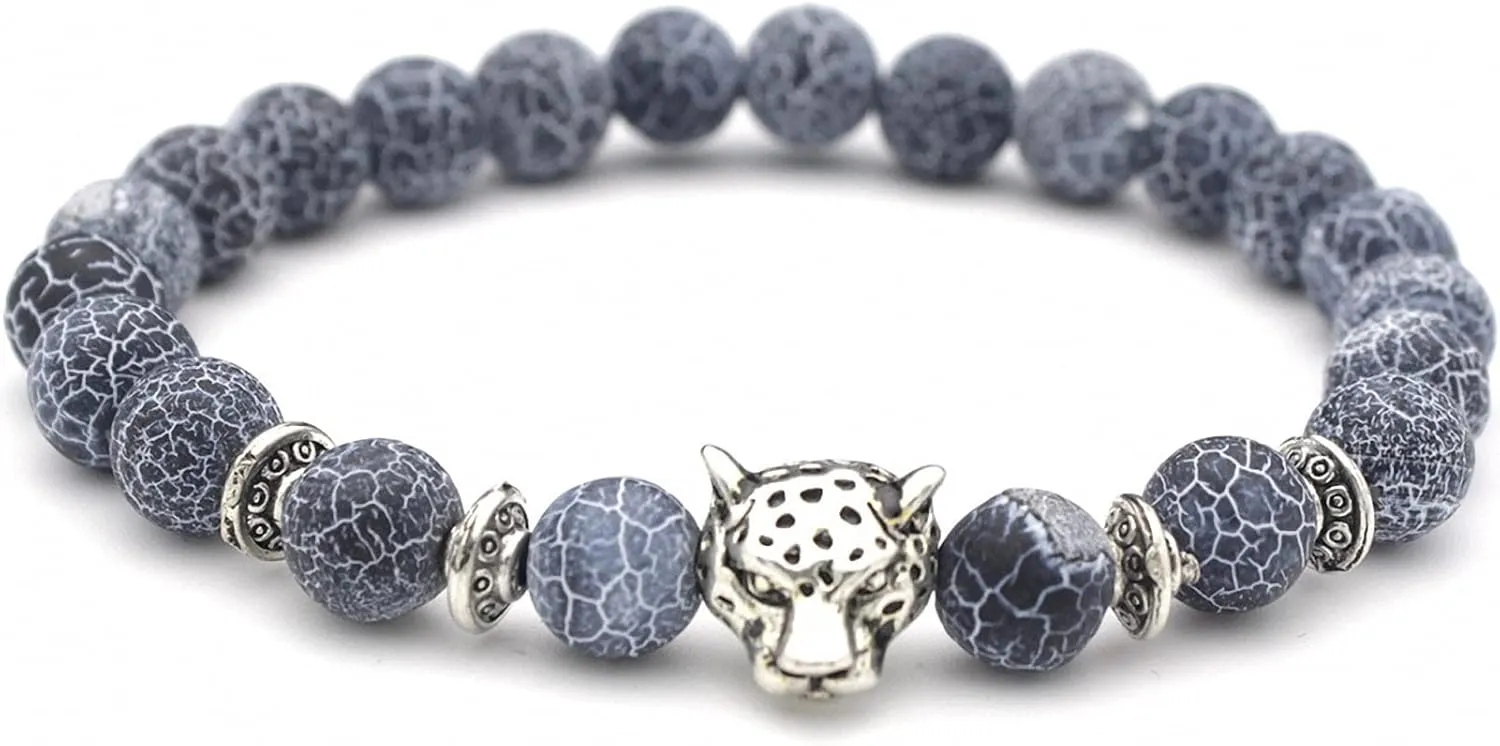 Giwotu Unisex 8 mm Volcanic Lava Rock Gold Plated Panther Leopard Head Bead Buddha Bracelet Natural Stone Essential Oil Diffuser Chakra Yoga Stretchable Bracelet