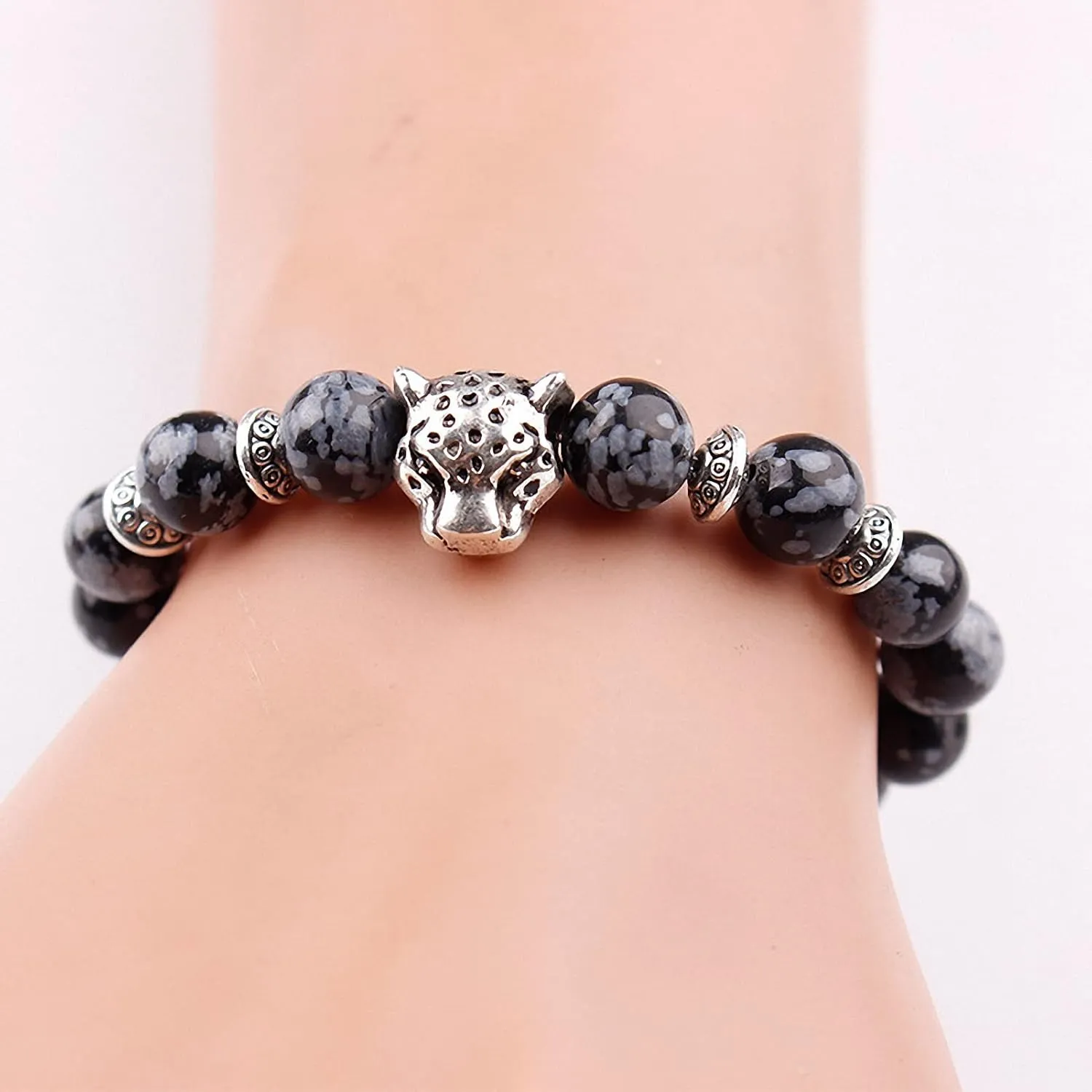Giwotu Unisex 8 mm Volcanic Lava Rock Gold Plated Panther Leopard Head Bead Buddha Bracelet Natural Stone Essential Oil Diffuser Chakra Yoga Stretchable Bracelet