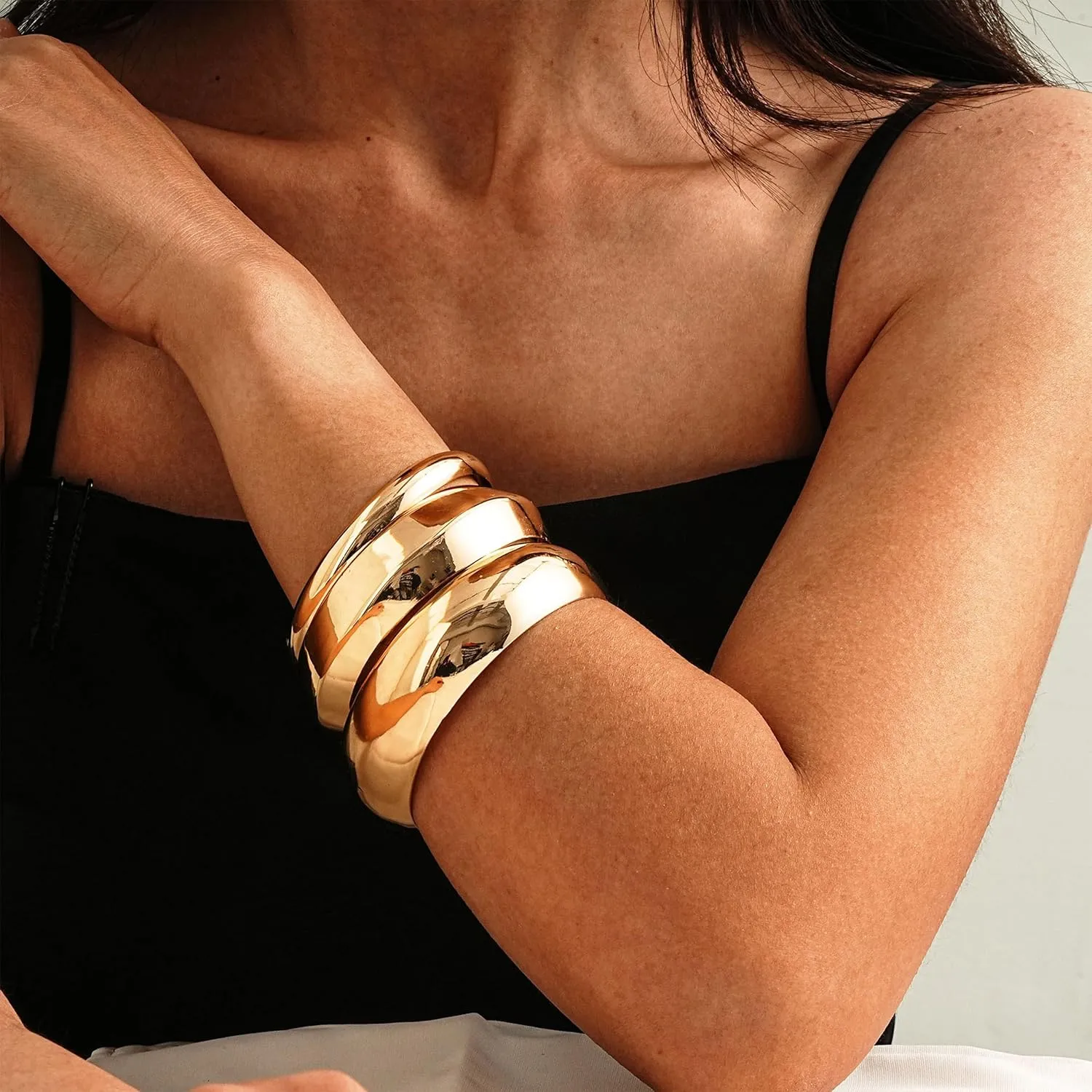 Gold Bangles for Women Chunky Cuff Bracelet Stack Non Tarnish Trendy Jewelry Gifts