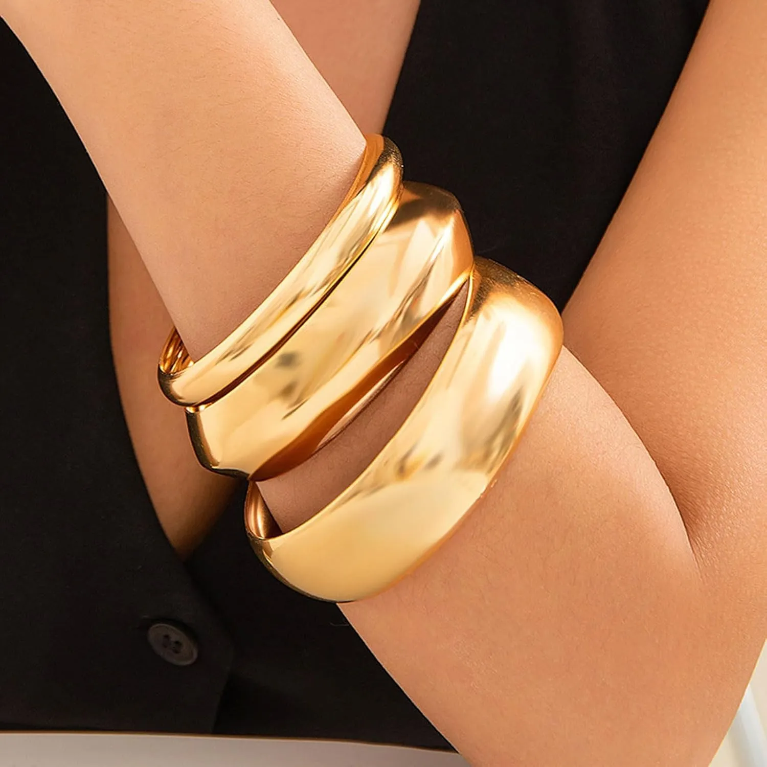 Gold Bangles for Women Chunky Cuff Bracelet Stack Non Tarnish Trendy Jewelry Gifts