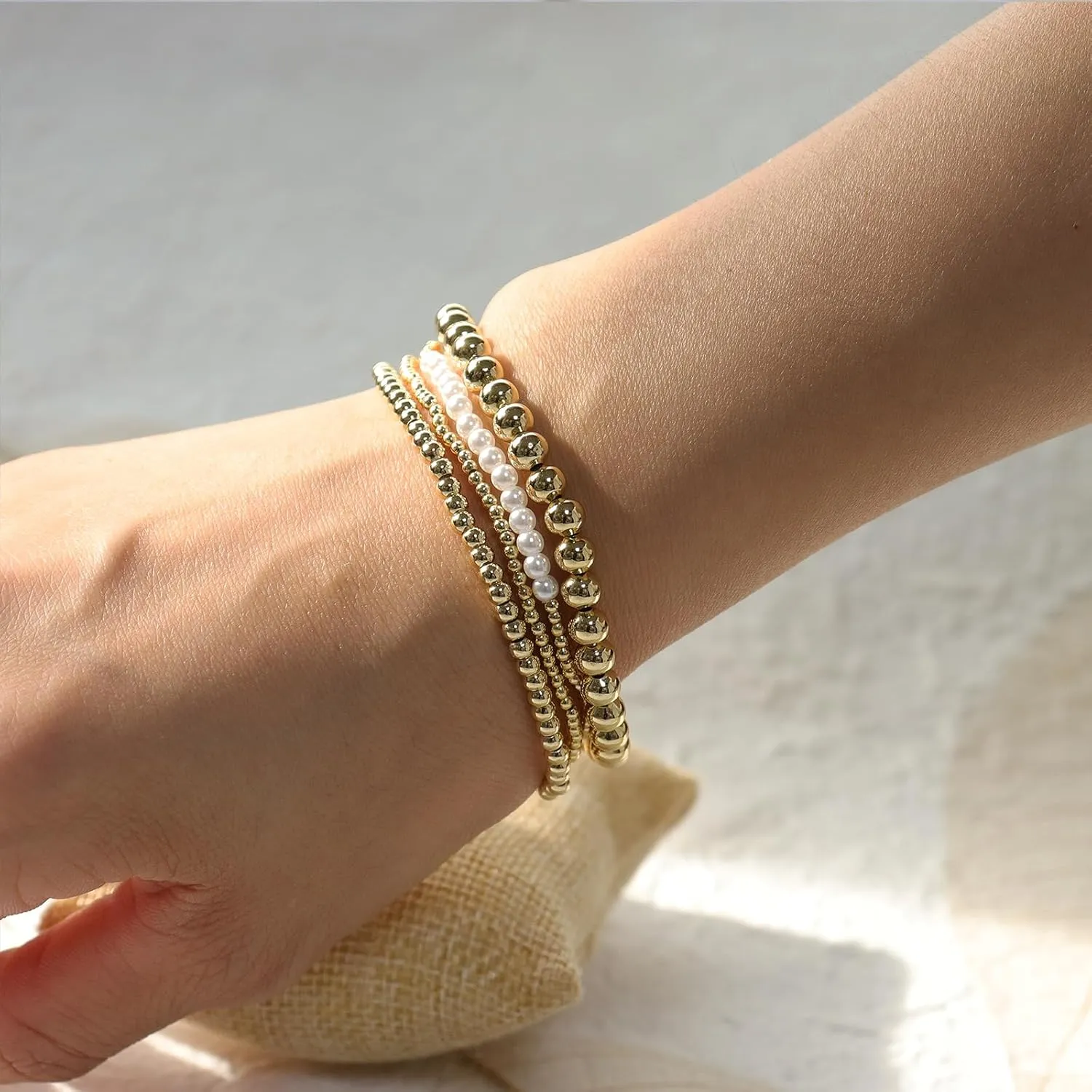 Gold Beaded Stretch Stack Bracelets Set for Women, Trendy Stackable Agate Gemstone Bead Elastic Friendship Bracelet Summer Fashion Jewelry Couple Gift