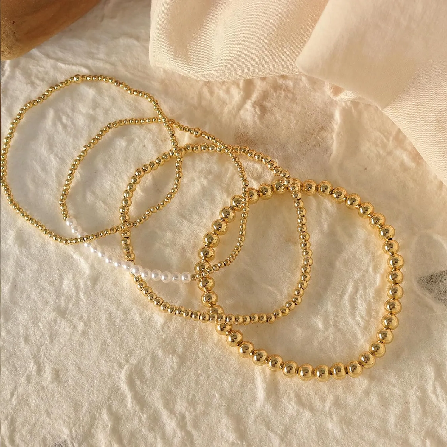 Gold Beaded Stretch Stack Bracelets Set for Women, Trendy Stackable Agate Gemstone Bead Elastic Friendship Bracelet Summer Fashion Jewelry Couple Gift