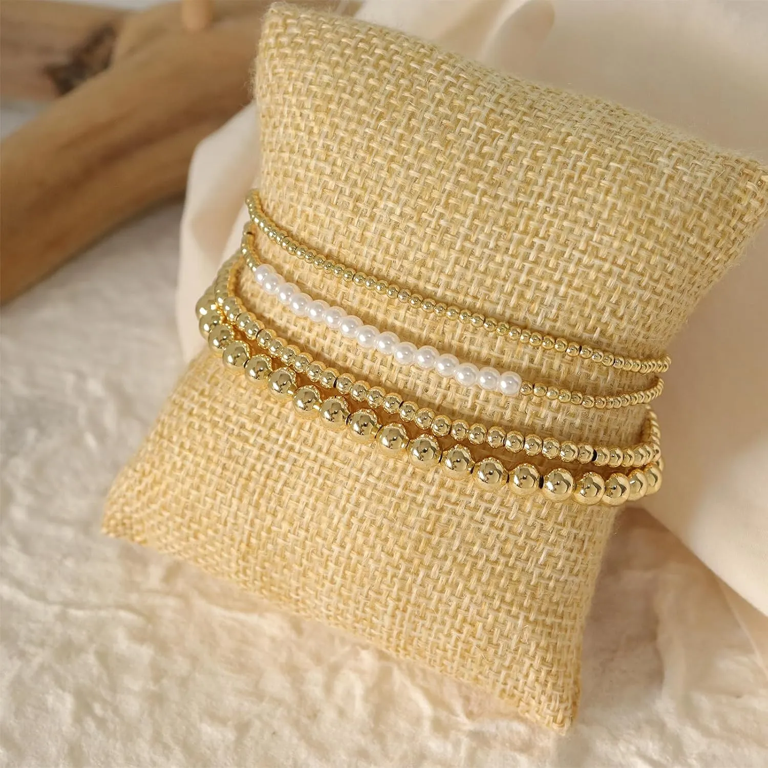 Gold Beaded Stretch Stack Bracelets Set for Women, Trendy Stackable Agate Gemstone Bead Elastic Friendship Bracelet Summer Fashion Jewelry Couple Gift