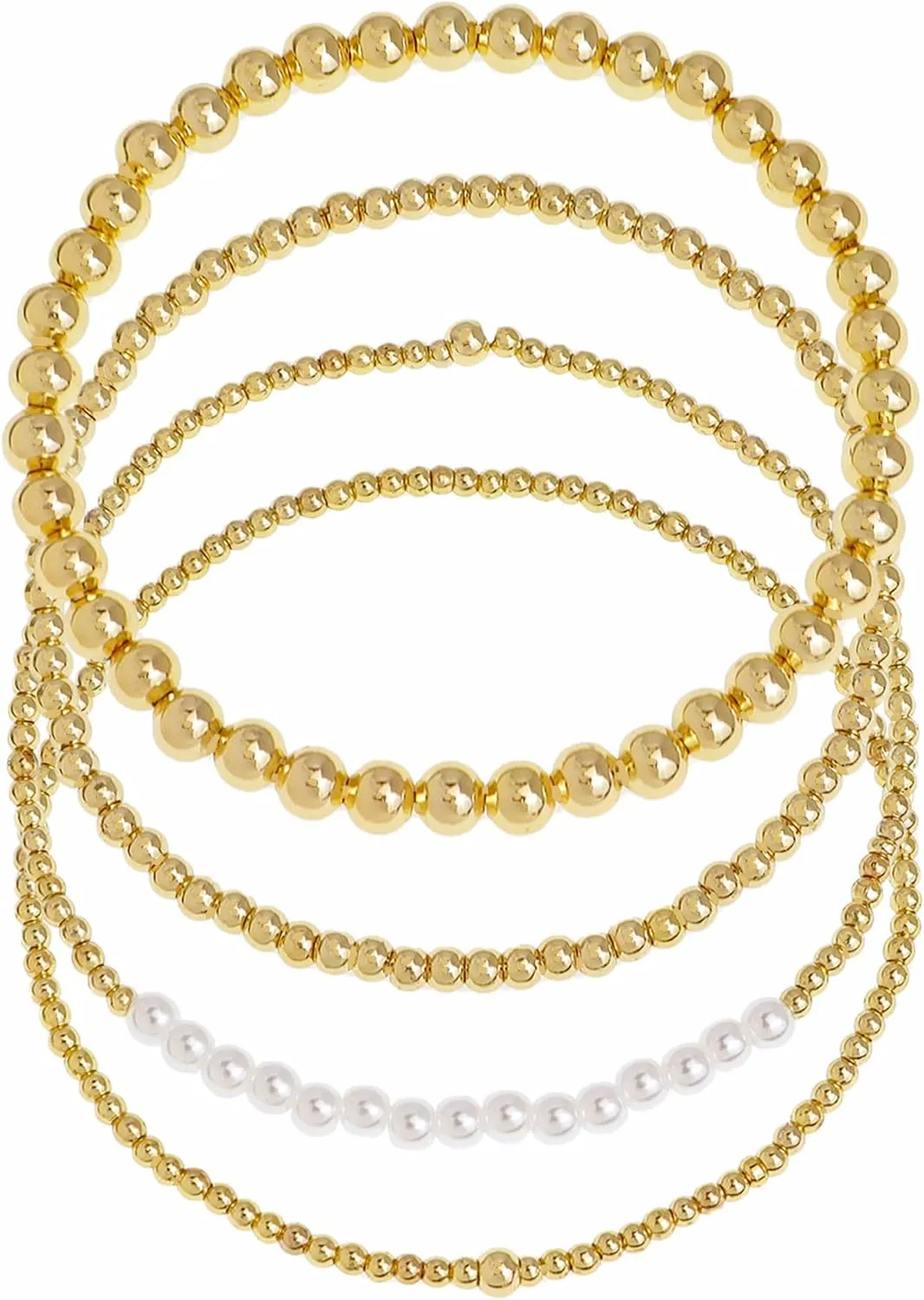 Gold Beaded Stretch Stack Bracelets Set for Women, Trendy Stackable Agate Gemstone Bead Elastic Friendship Bracelet Summer Fashion Jewelry Couple Gift