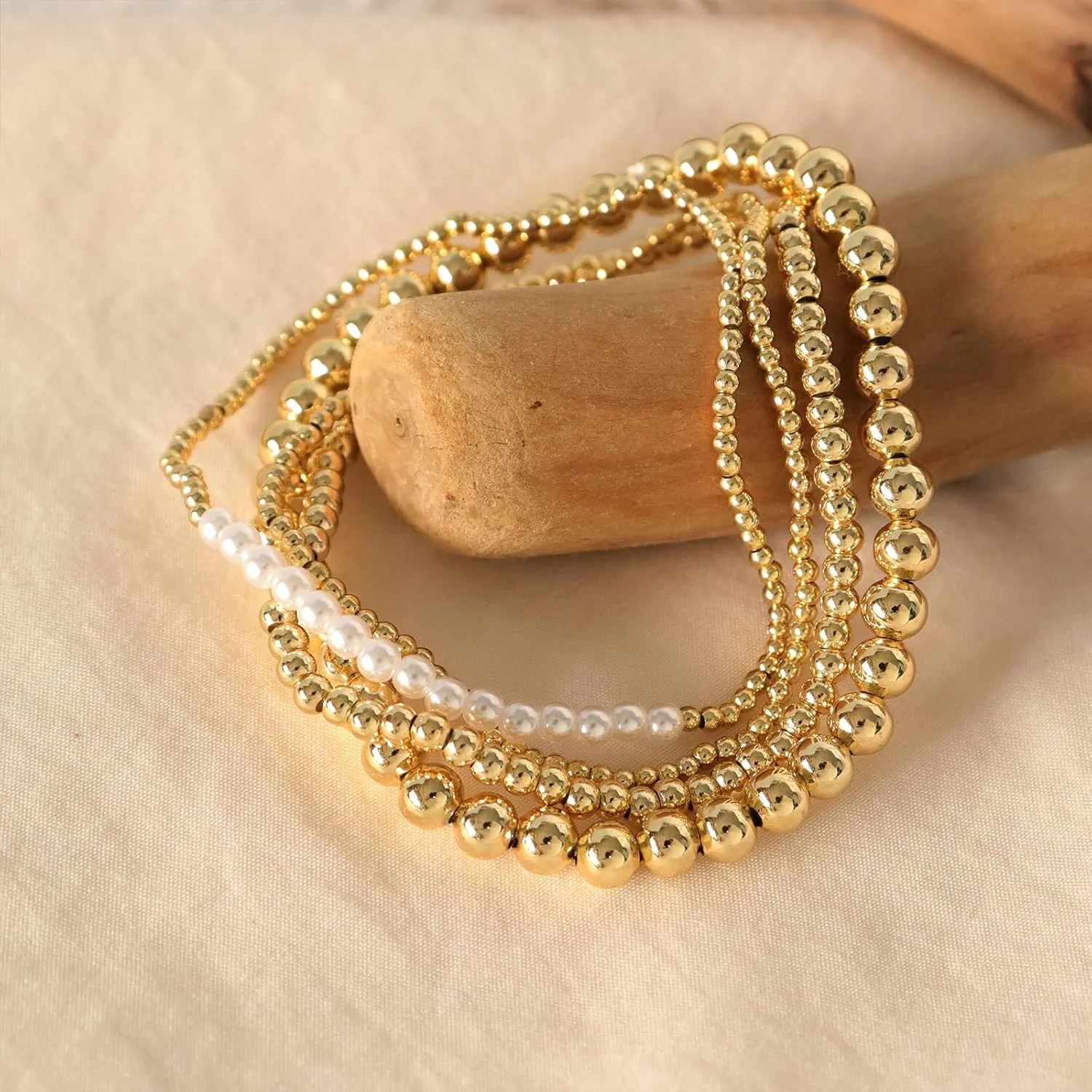 Gold Beaded Stretch Stack Bracelets Set for Women, Trendy Stackable Agate Gemstone Bead Elastic Friendship Bracelet Summer Fashion Jewelry Couple Gift