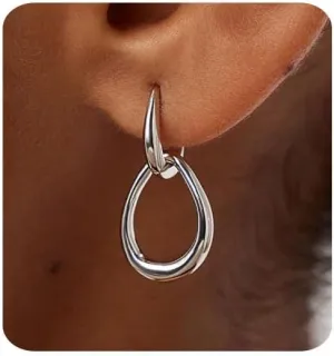 Gold Earrings for Women Trendy 14K Gold Plated Double Hoop Dangle Earring Thin Minimalist Lightweight Dainty Drop Earrings Jewelry Gift for Her