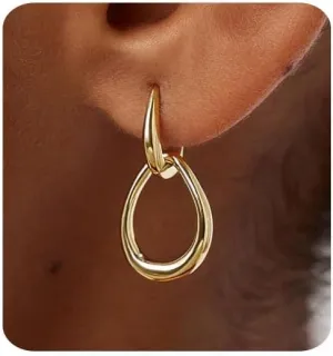 Gold Earrings for Women Trendy 14K Gold Plated Double Hoop Dangle Earring Thin Minimalist Lightweight Dainty Drop Earrings Jewelry Gift for Her