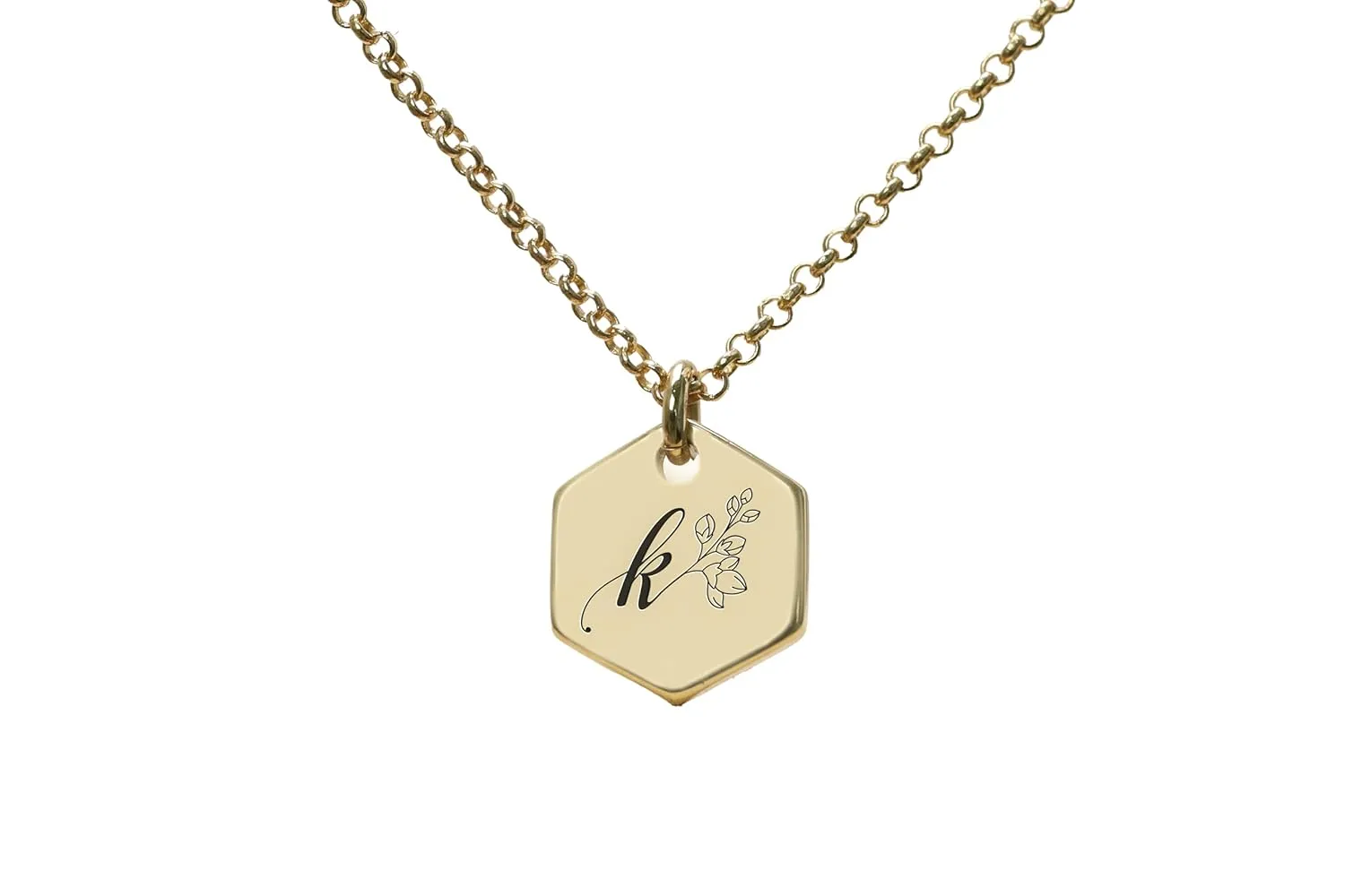 Gold Floral Initial Pendant  Hexagon Design Necklace  Women's Jewelry  Personalized Gift for Her