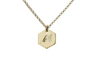 Gold Floral Initial Pendant  Hexagon Design Necklace  Women's Jewelry  Personalized Gift for Her