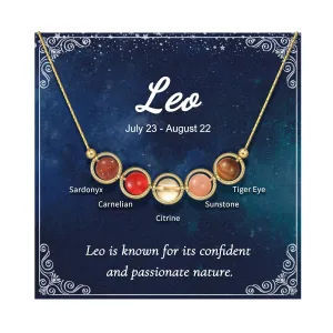 Gold Leo Zodiac Necklace for Women Birthday Gifts Healing Stone Necklace Crystal Beaded Necklace Leo Zodiac Gifts Sunstone Tiger Eye Bead Necklace for Women Girlfriend Her