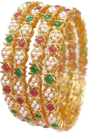 Gold Plated Kemp Pearl Temple Polish Bollywood Indian Bangles Kangan set of 4