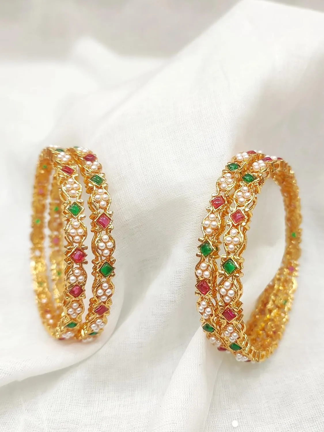 Gold Plated Kemp Pearl Temple Polish Bollywood Indian Bangles Kangan set of 4