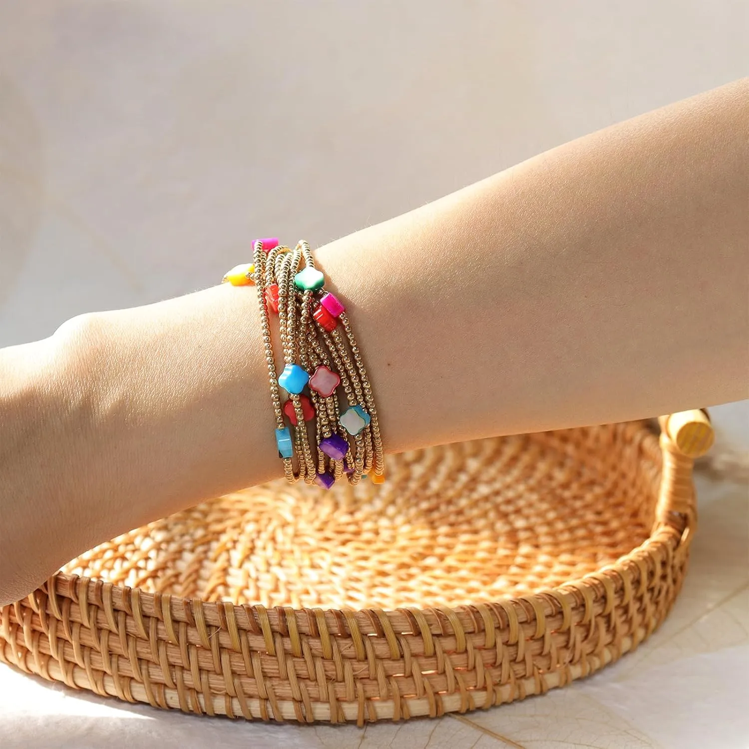 Gold Seeds Beaded Stretch Stack Bracelets Set for Women, Trendy Stackable Gemstone Bead Elastic Lucky Friendship Bracelet Summer Fashion Jewelry Couple Gift
