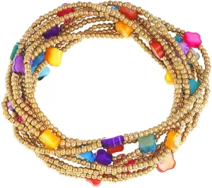Gold Seeds Beaded Stretch Stack Bracelets Set for Women, Trendy Stackable Gemstone Bead Elastic Lucky Friendship Bracelet Summer Fashion Jewelry Couple Gift