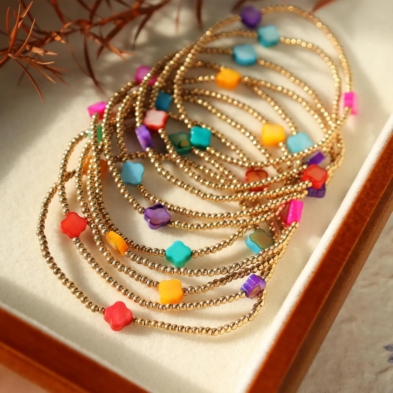 Gold Seeds Beaded Stretch Stack Bracelets Set for Women, Trendy Stackable Gemstone Bead Elastic Lucky Friendship Bracelet Summer Fashion Jewelry Couple Gift