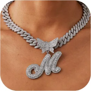 Gold Silver Cuban Link Chain for Women Letter Necklace Initial Custom Chain Name Necklaces Personalized Necklace Iced Out Chain Pendants Bling Necklace Hip Hop Chain Jewelry For Women