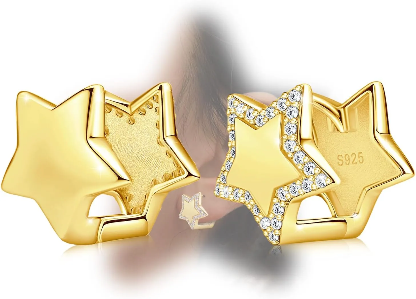 Gold Star Hoop Earrings for Teen Girls Women - Sterling Silver Double Sided Earrings Hypoallergenic Cubic Zirconia Star Earrings Double Star Loop Earrings Fashion Women's Earrings Gifts for Christmas