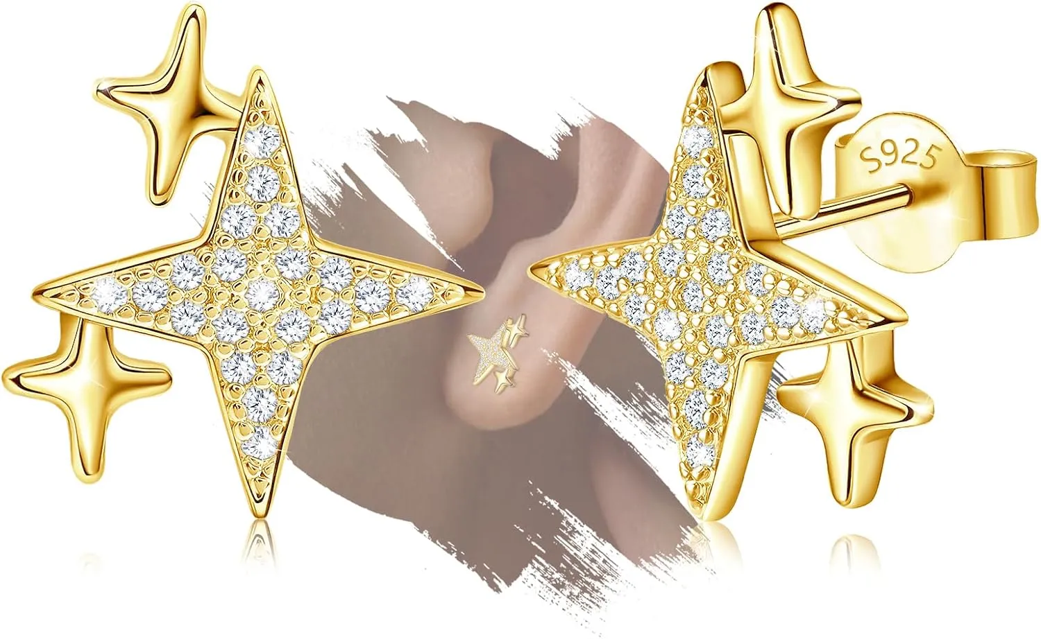 Gold Star Stud Earrings for Teen Girls Women - Sterling Silver Star Shaped Earrings Hypoallergenic Cubic Zirconia Lightweight Star Post Earring for Daughter Granddaughter Gift for Christmas Birthday