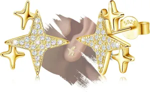 Gold Star Stud Earrings for Teen Girls Women - Sterling Silver Star Shaped Earrings Hypoallergenic Cubic Zirconia Lightweight Star Post Earring for Daughter Granddaughter Gift for Christmas Birthday