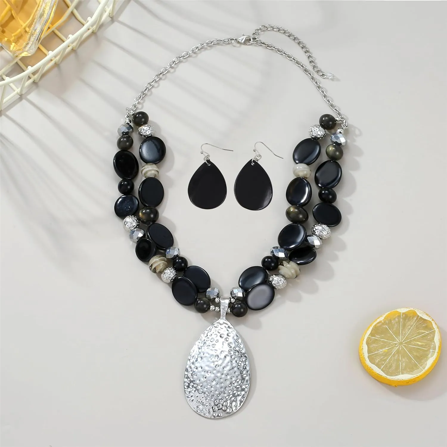 Gold/Silver 20'' 3'' Teardrop Pendant Statement Necklace for women Trendy Colorful Crystal Shell Beaded Gemstone Necklaces and Earrings Set Womens Layered Boho Chunky Necklaces and Dainty Teardrop Earrings Jewelry Gifts