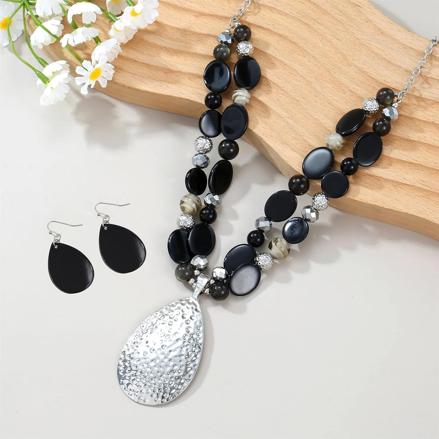 Gold/Silver 20'' 3'' Teardrop Pendant Statement Necklace for women Trendy Colorful Crystal Shell Beaded Gemstone Necklaces and Earrings Set Womens Layered Boho Chunky Necklaces and Dainty Teardrop Earrings Jewelry Gifts