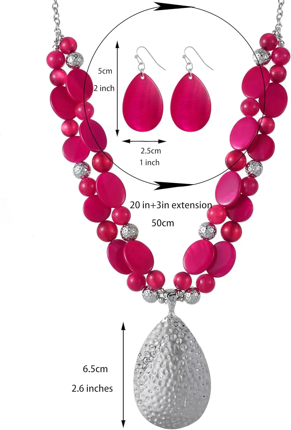 Gold/Silver 20'' 3'' Teardrop Pendant Statement Necklace for women Trendy Colorful Crystal Shell Beaded Gemstone Necklaces and Earrings Set Womens Layered Boho Chunky Necklaces and Dainty Teardrop Earrings Jewelry Gifts