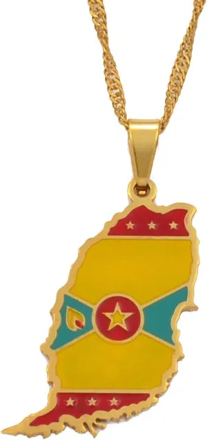 Hafrita Grenada Island Map Flag Pendant Water Wave Necklaces Stainless Steel Necklace