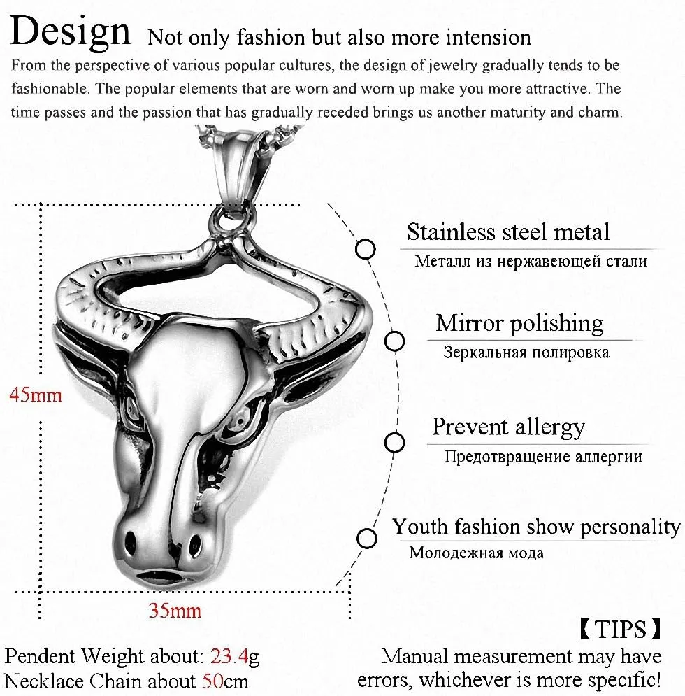Hafrita Taurus Pendant Necklace Men 316L Stainless Steel Constellation Necklaces Bullhead Pendants Necklace