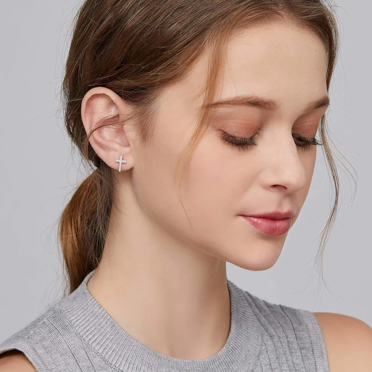 Han han 18K White Gold Plated Cross Earrings for Women, 925 Sterling Silver Cross Dangle Earrings, Simple Cross Hoop Earrings for Men Women, Silver/Rose Gold/Gold Color Cross Jewelry