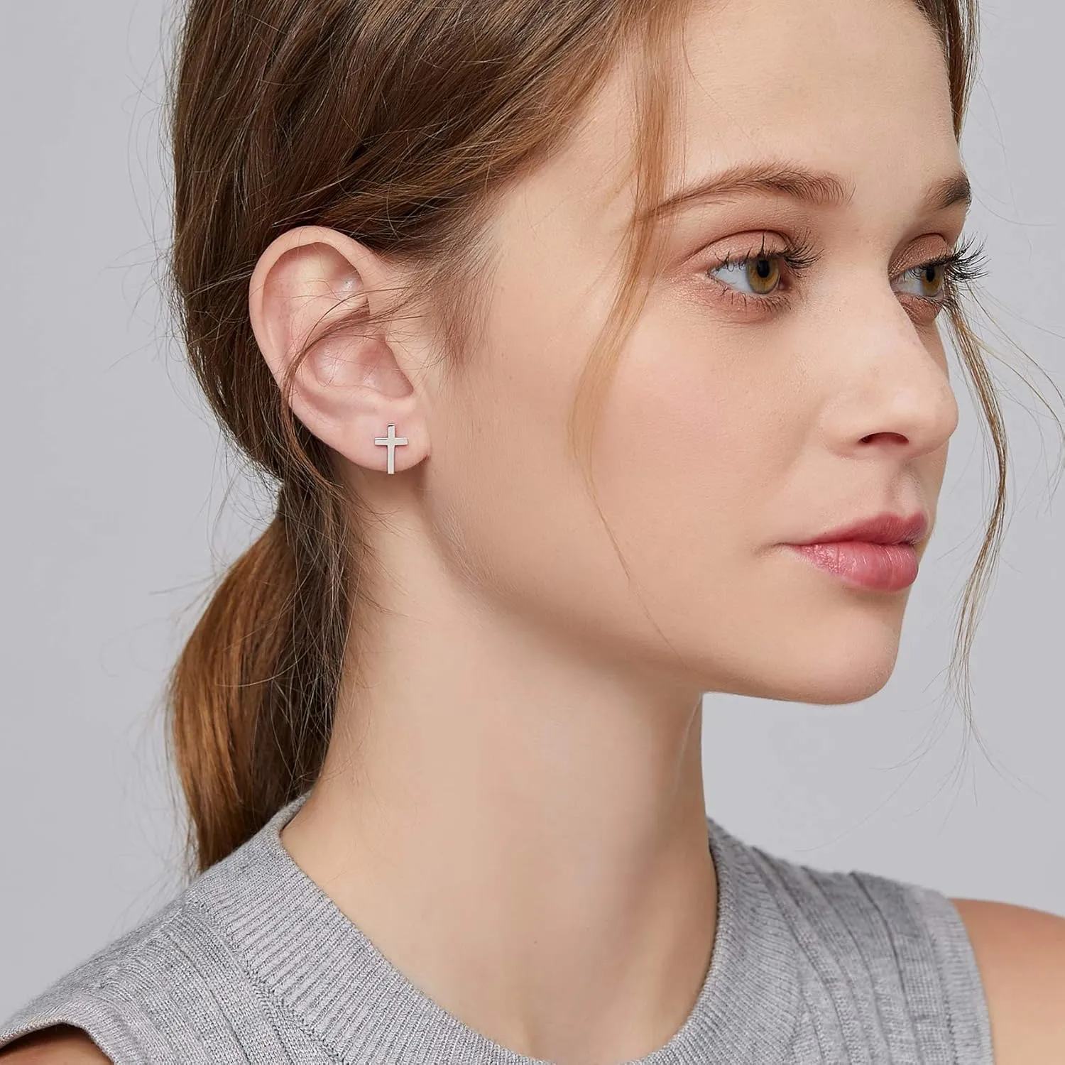Han han 18K White Gold Plated Cross Earrings for Women, 925 Sterling Silver Cross Dangle Earrings, Simple Cross Hoop Earrings for Men Women, Silver/Rose Gold/Gold Color Cross Jewelry