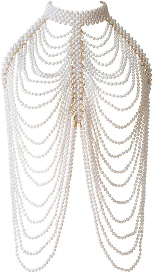 Handmade Imitation Pearls Body Chain Necklace Vintage Shawl Collar Jewelry Elegant Shoulder Chain Hand Beading Shawl