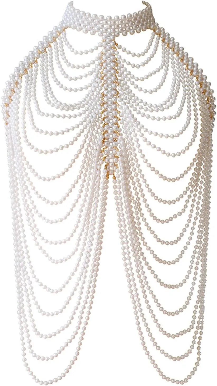 Handmade Imitation Pearls Body Chain Necklace Vintage Shawl Collar Jewelry Elegant Shoulder Chain Hand Beading Shawl