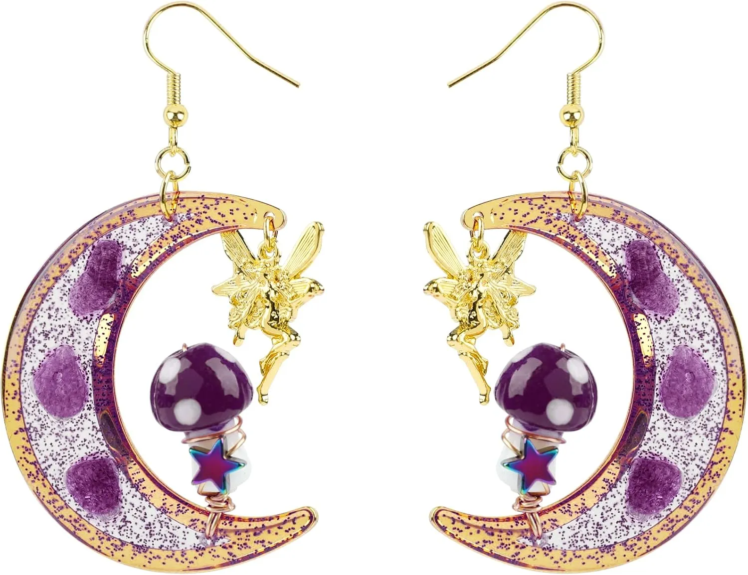 Handmade Purple Mushroom on Amythest Moon Drop Shrooms // Mushroom Earrings Dangle Mushroom Earrings Fairy Woodland Earrings