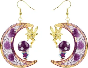 Handmade Purple Mushroom on Amythest Moon Drop Shrooms // Mushroom Earrings Dangle Mushroom Earrings Fairy Woodland Earrings
