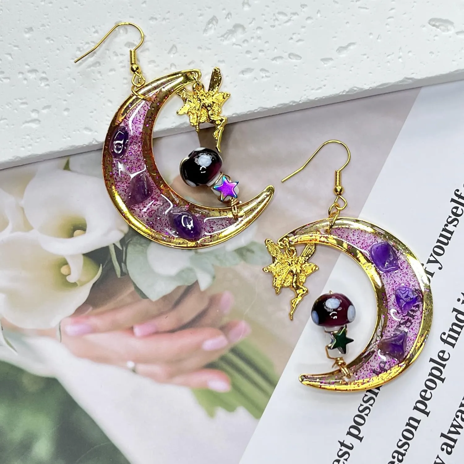 Handmade Purple Mushroom on Amythest Moon Drop Shrooms // Mushroom Earrings Dangle Mushroom Earrings Fairy Woodland Earrings