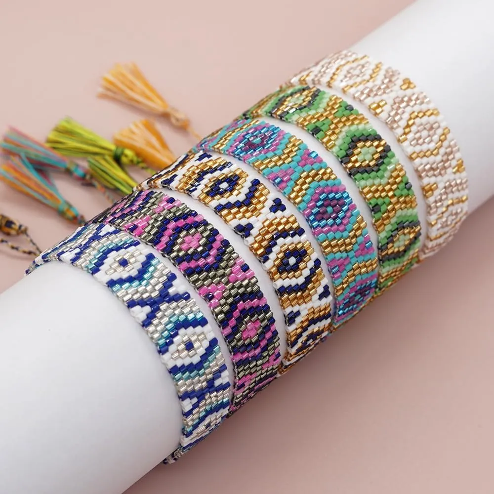 Handmade Seed Bead Friendship Wristband Wrap Bracelets for Women Charm Adjustable Evil Eye Beaded Rope Braided Boho Multicolor Bracelet Fashion Jewelry Gift