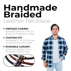 Handmade Thick Braided Genuine Leather Necklace with Antique Toned Stainless Steel Magnetic Clasp - Leather necklace cord Available in 16, 18, 20, 22 Inches & Custom Size